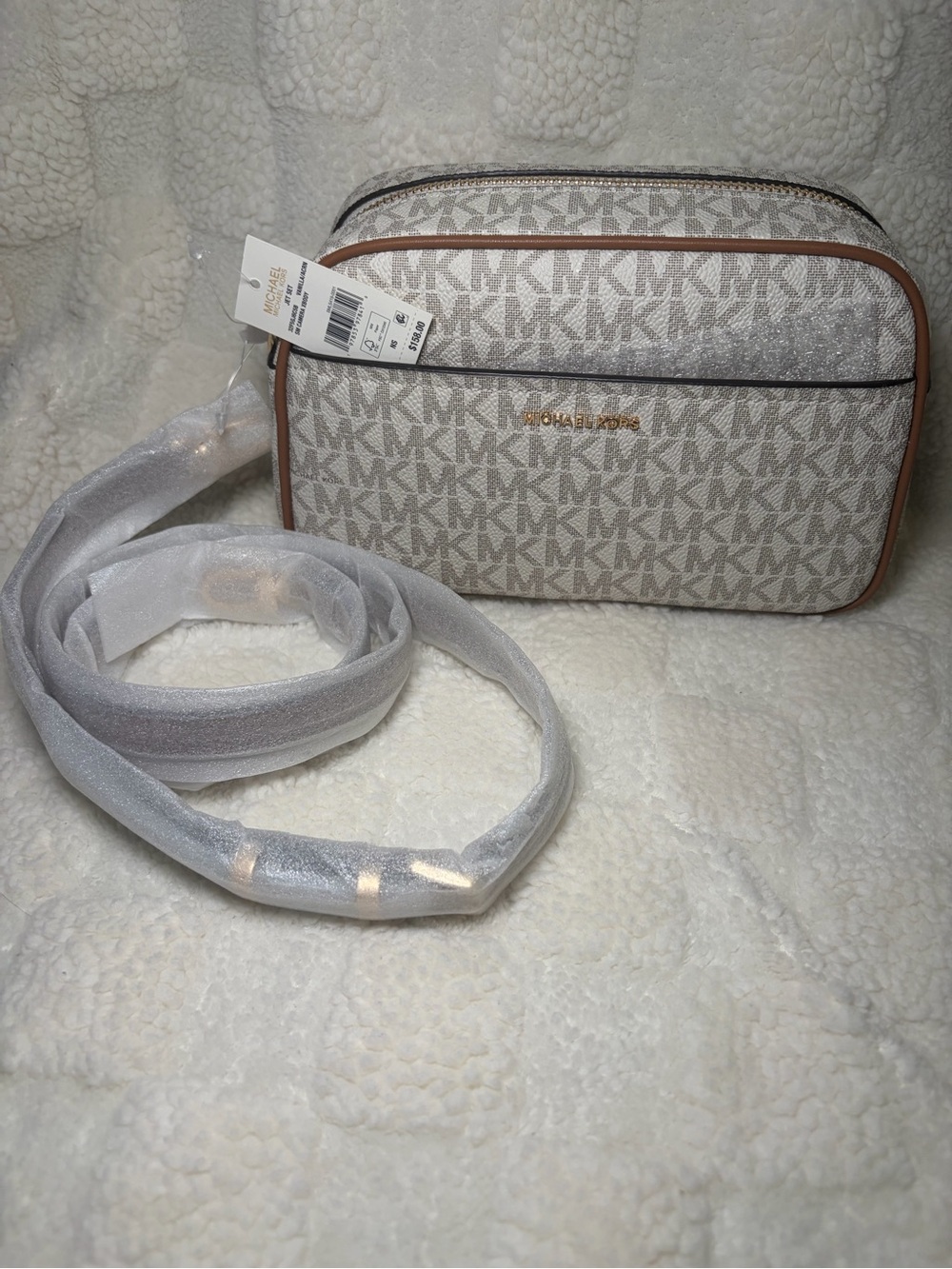 Michael Kors White and Tan Logo Crossbody